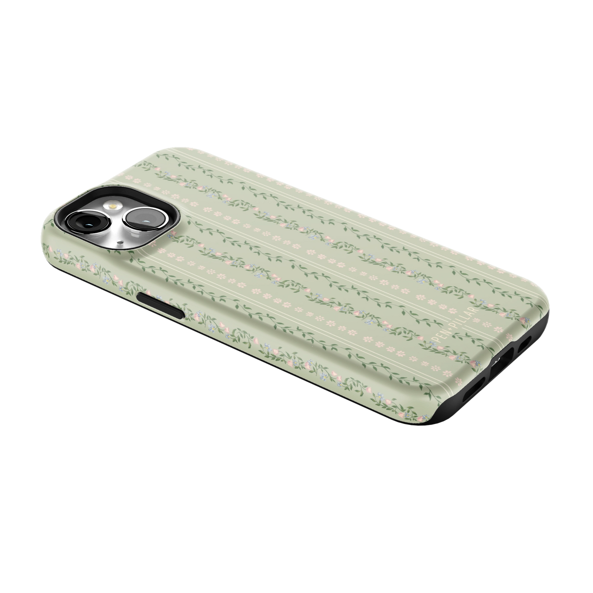 Camellia iPhone 14 case lying at an angle, showing the side buttons and print wrapping the edges