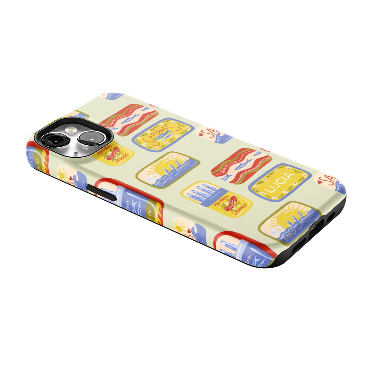 Sardines Personalized iPhone 14 case lying at an angle, showing the side buttons and print wrapping the edges