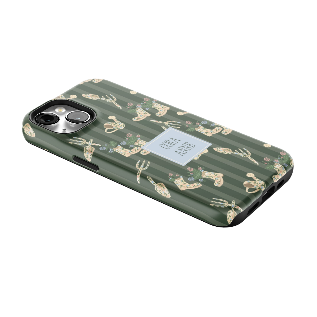 In the Garden Personalized iPhone 14 case lying at an angle, showing the side buttons and print wrapping the edges
