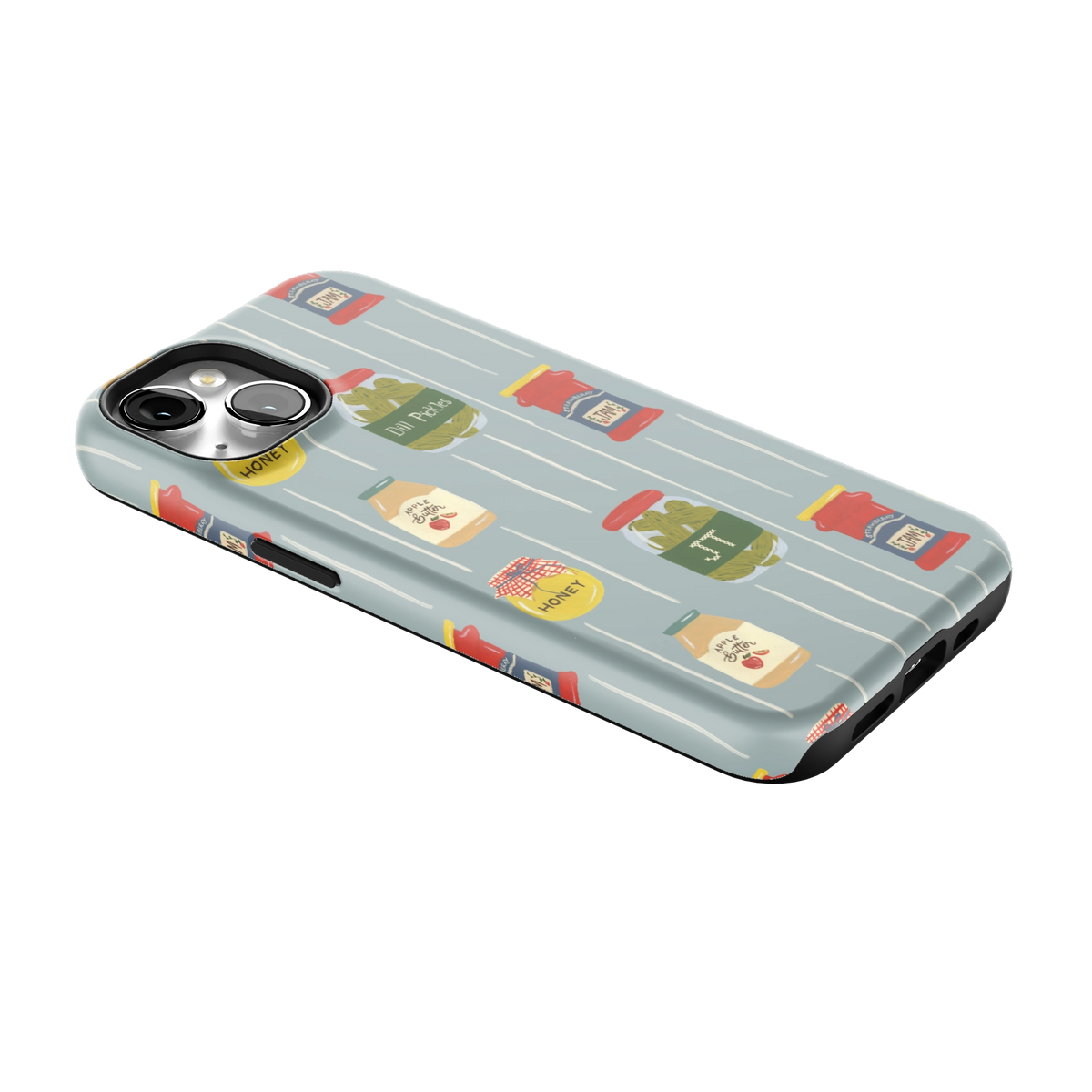 Preserves Personalized iPhone 14 case lying at an angle, showing the side buttons and print wrapping the edges