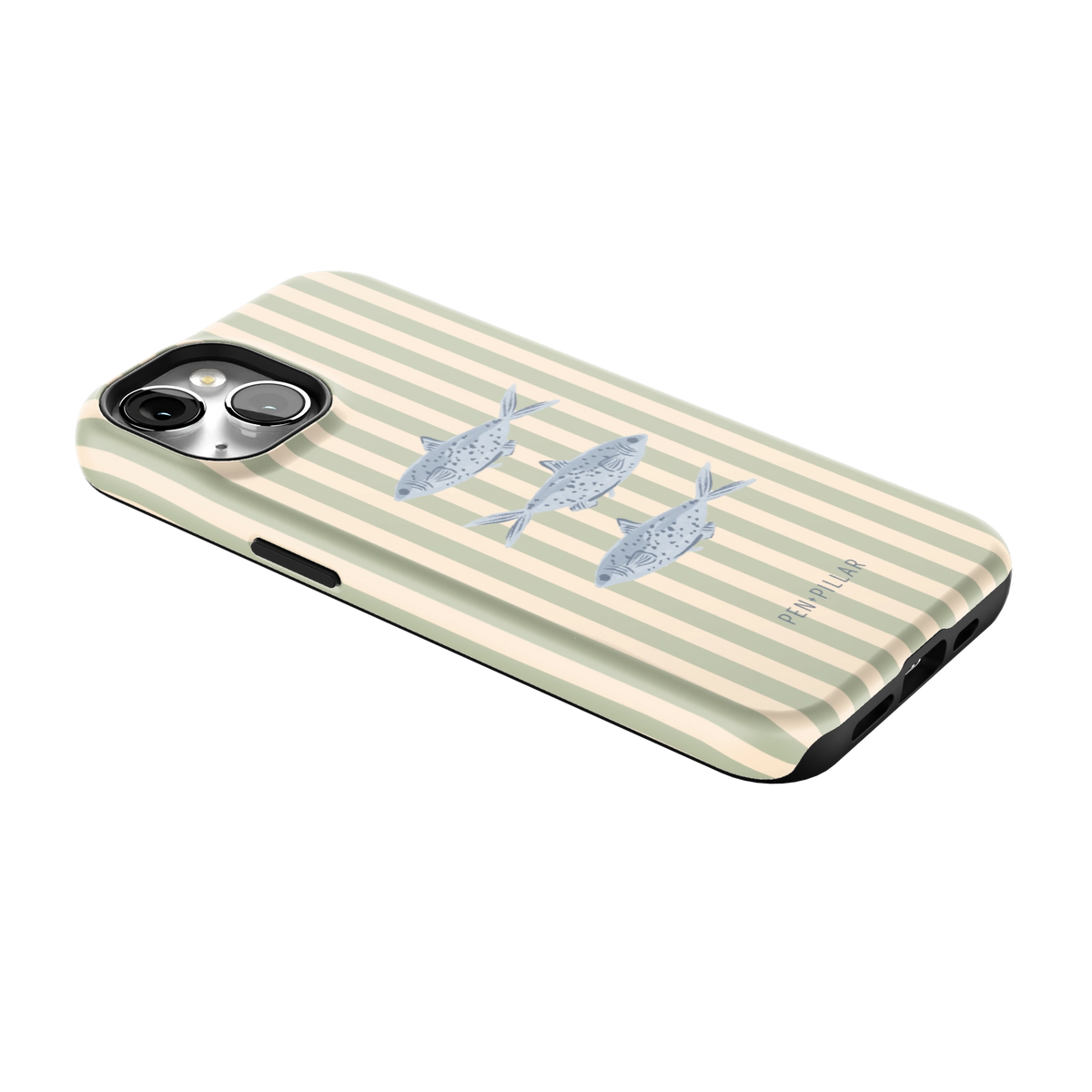 Sea Stripes iPhone 14 case lying at an angle, showing the side buttons and print wrapping the edges