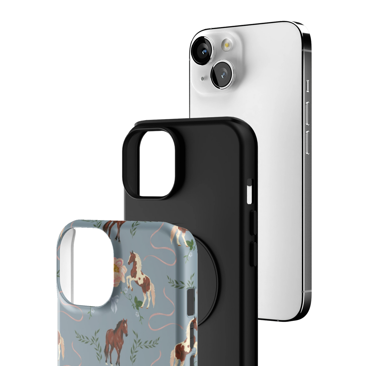 Exploded view of the Prairie Personalized iPhone 14 case: printed shell, black inner layer with MagSafe ring, and phone