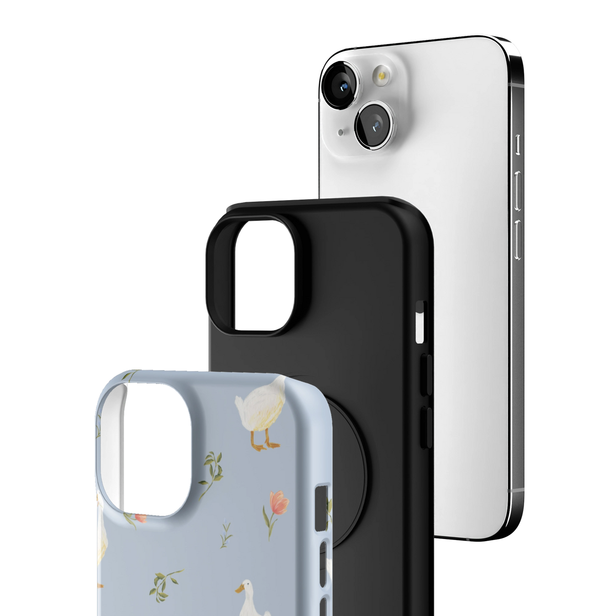 Exploded view of the Ducks iPhone 14 case: printed shell, black inner layer with MagSafe ring, and phone