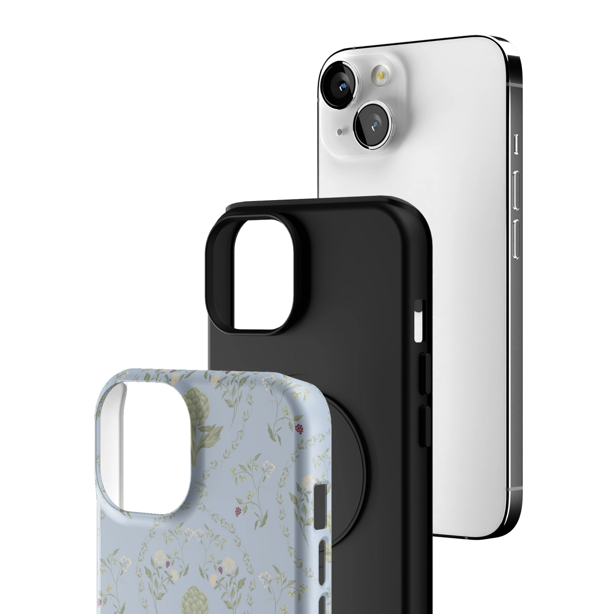 Exploded view of the Artichoke iPhone 14 case: printed shell, black inner layer with MagSafe ring, and phone
