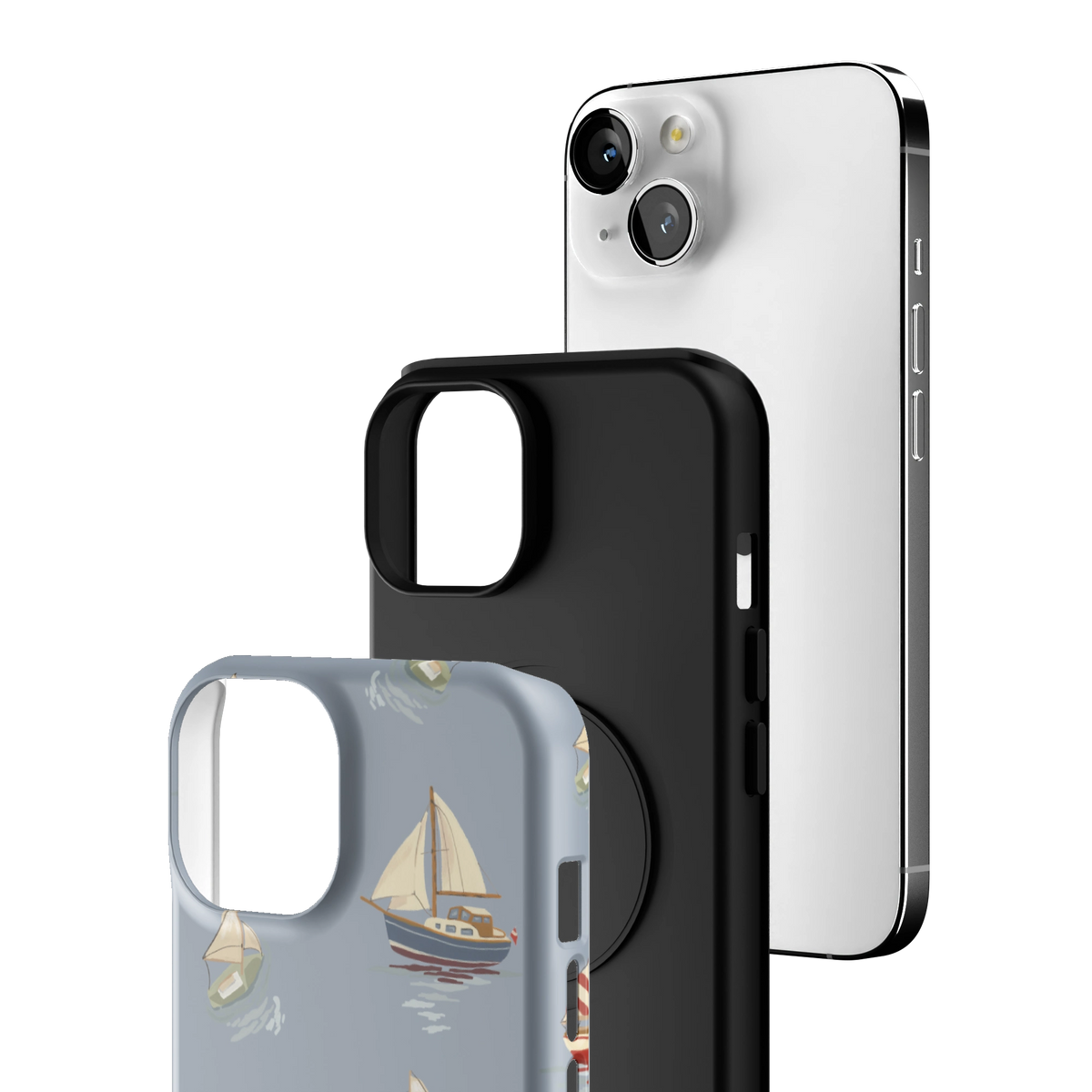 Exploded view of the Harbor iPhone 14 case: printed shell, black inner layer with MagSafe ring, and phone