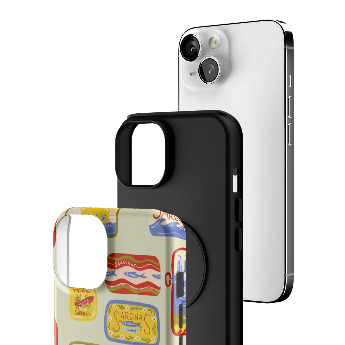 Exploded view of the Sardines Personalized iPhone 14 case: printed shell, black inner layer with MagSafe ring, and phone