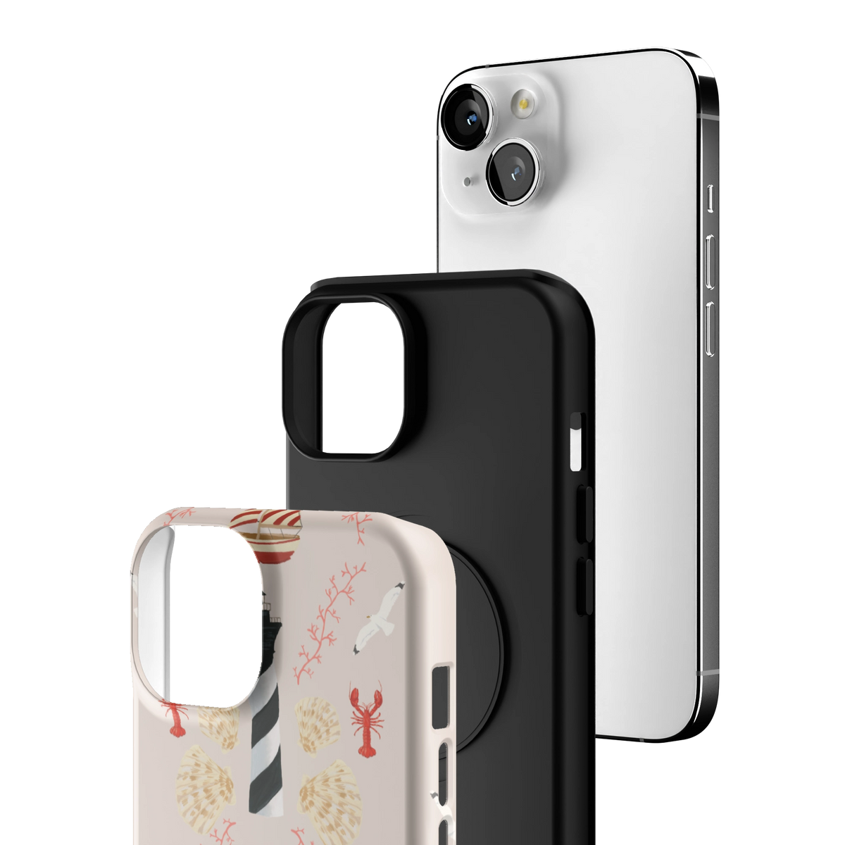 Exploded view of the Lighthouse Personalized iPhone 14 case: printed shell, black inner layer with MagSafe ring, and phone