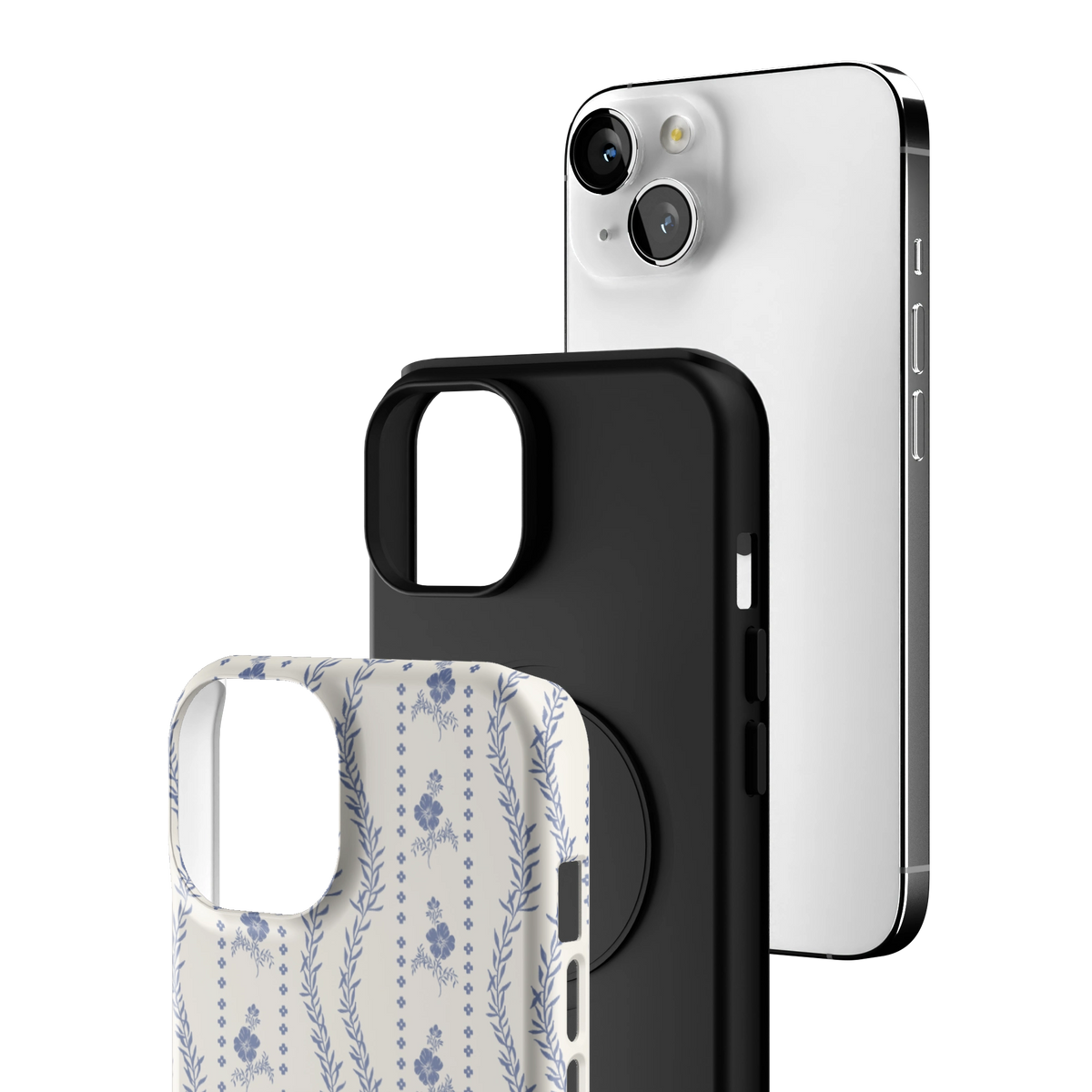 Exploded view of the Riviera iPhone 14 case: printed shell, black inner layer with MagSafe ring, and phone