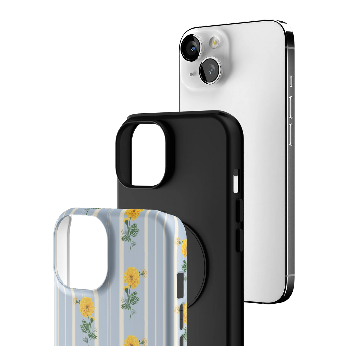 Exploded view of the October Birth Month iPhone 14 case: printed shell, black inner layer with MagSafe ring, and phone