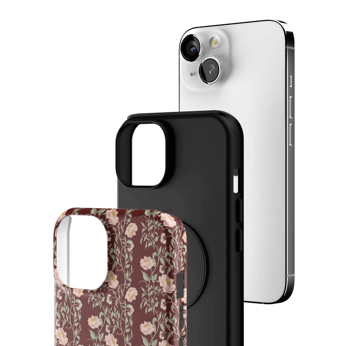 Exploded view of the Thicket iPhone 14 case: printed shell, black inner layer with MagSafe ring, and phone