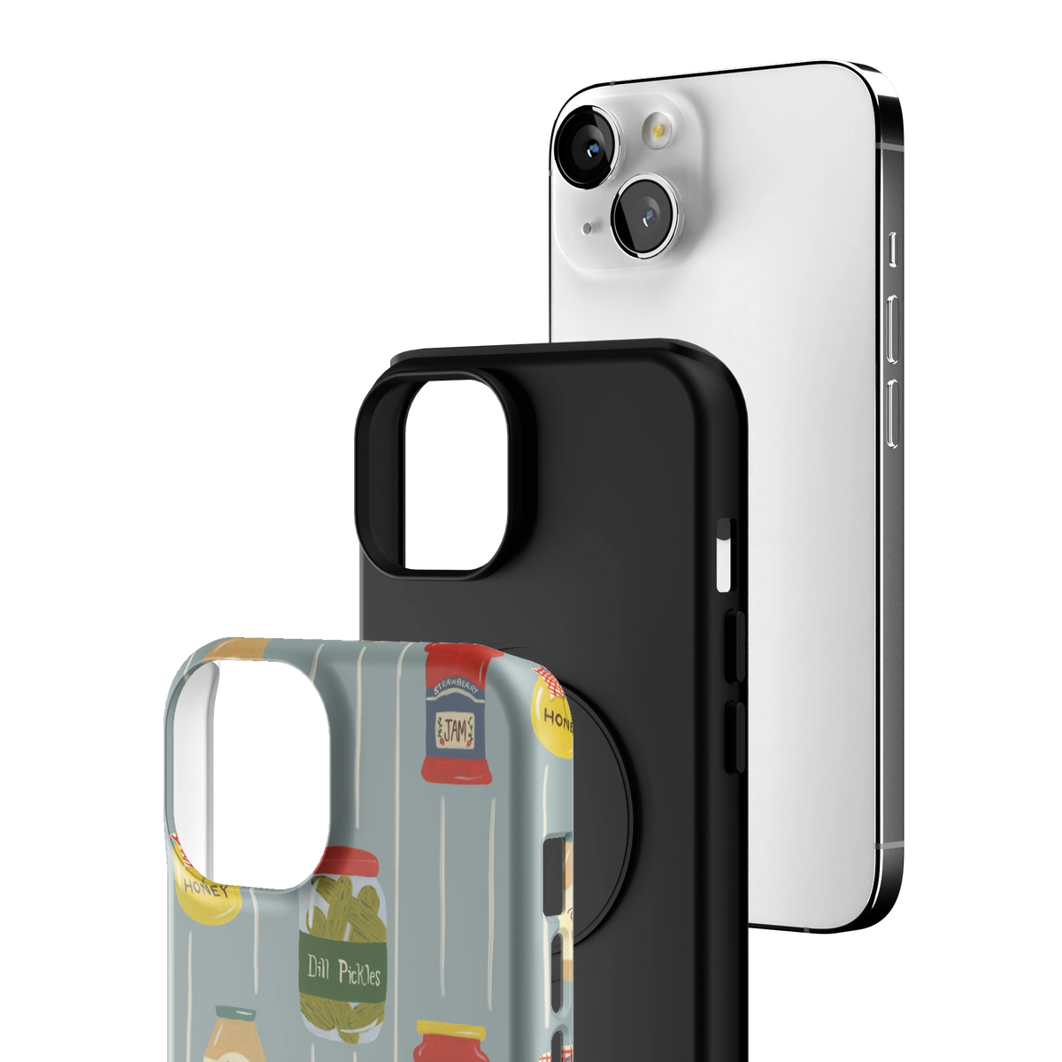 Exploded view of the Preserves Personalized iPhone 14 case: printed shell, black inner layer with MagSafe ring, and phone