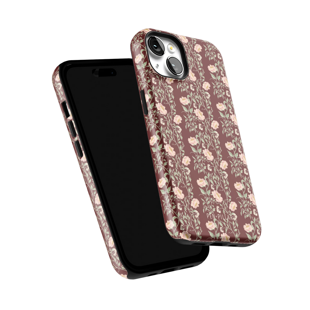 Thicket iPhone 14 case tilted to show the raised edges around the screen and camera