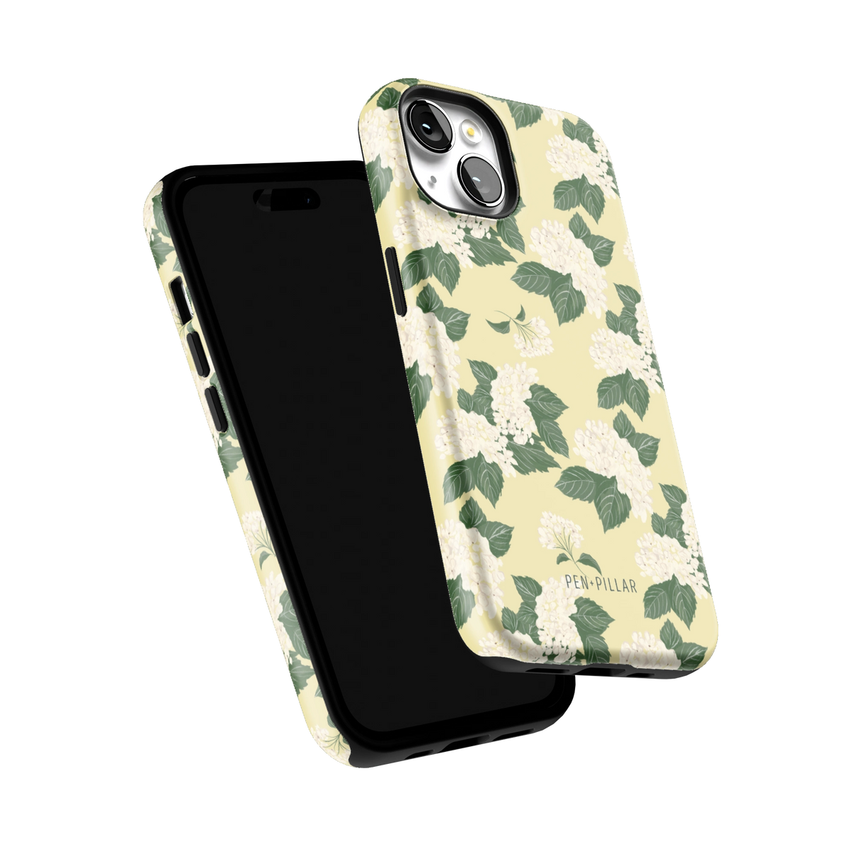 Hydrangea iPhone 14 case tilted to show the raised edges around the screen and camera