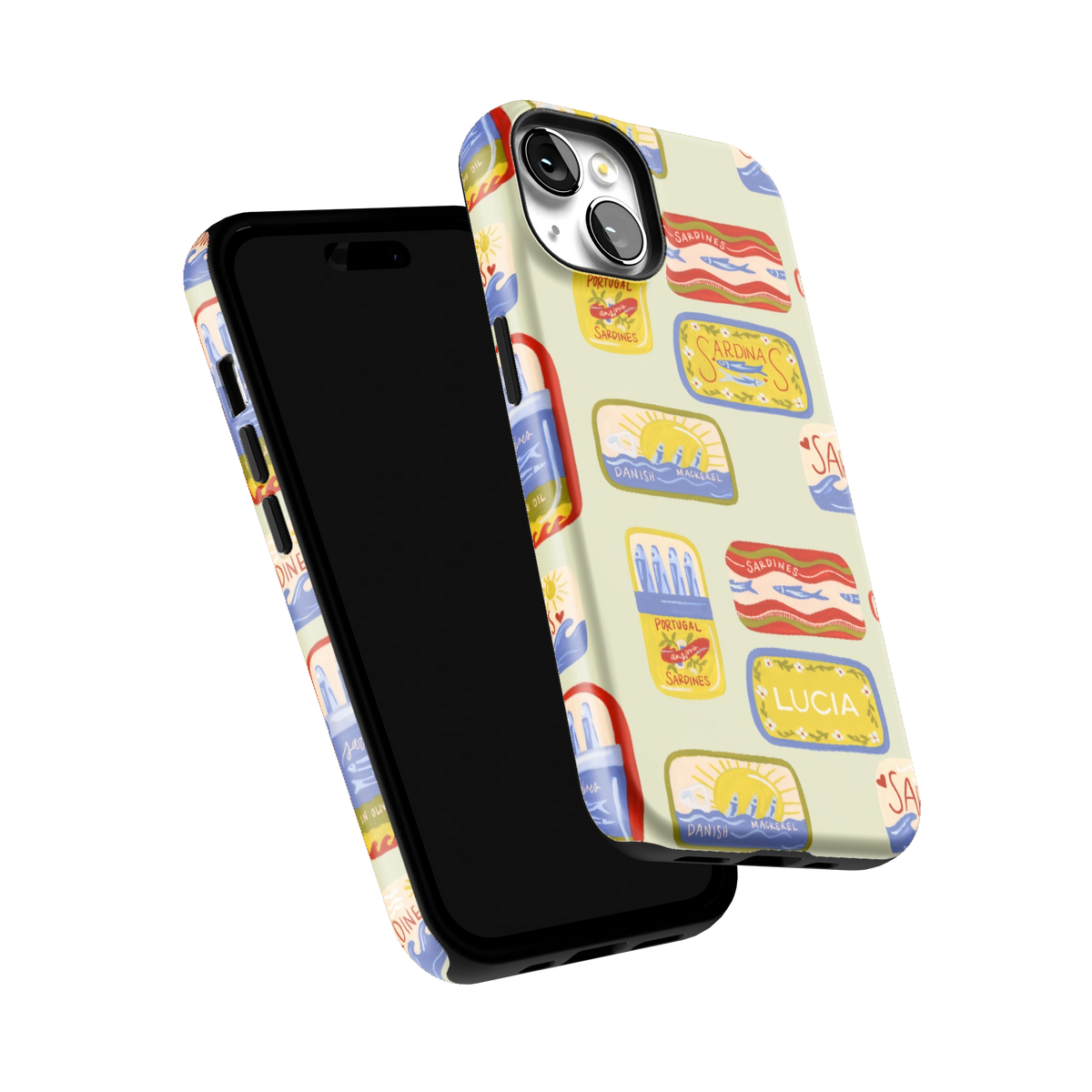 Sardines Personalized iPhone 14 case tilted to show the raised edges around the screen and camera