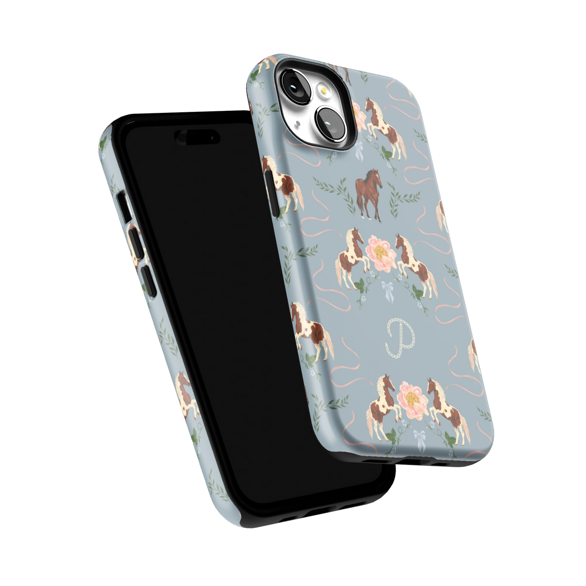 Prairie Personalized iPhone 14 case tilted to show the raised edges around the screen and camera