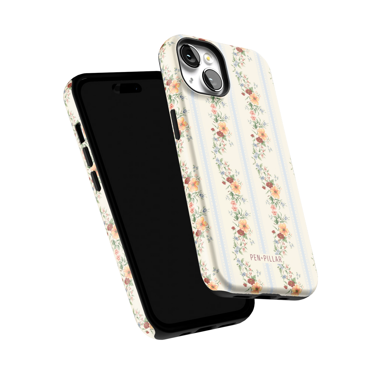 Wallflower iPhone 14 case tilted to show the raised edges around the screen and camera