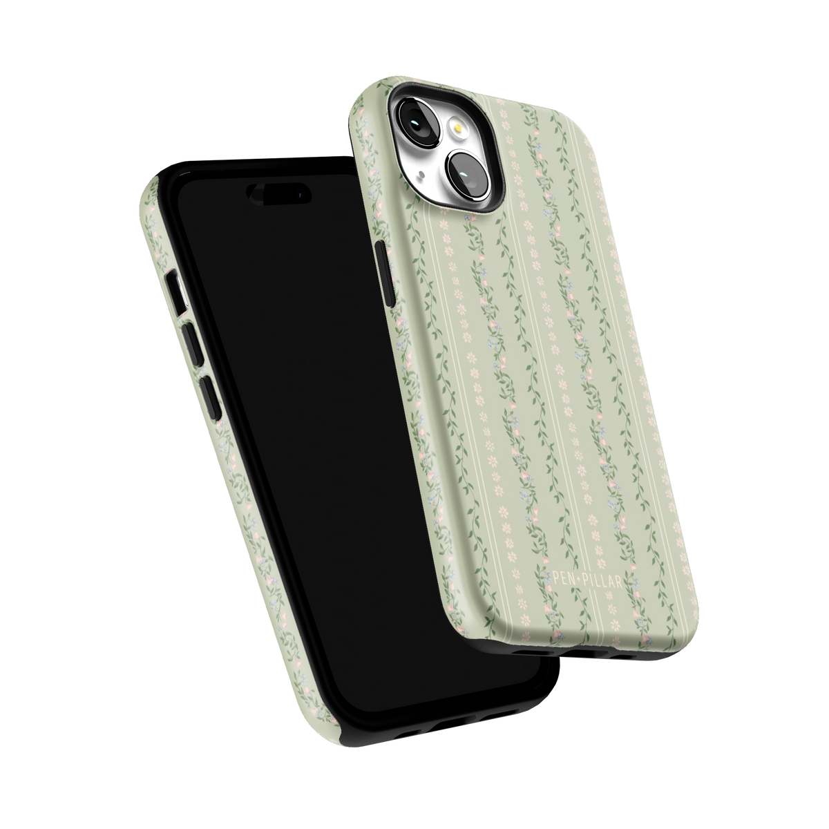 Camellia iPhone 14 case tilted to show the raised edges around the screen and camera