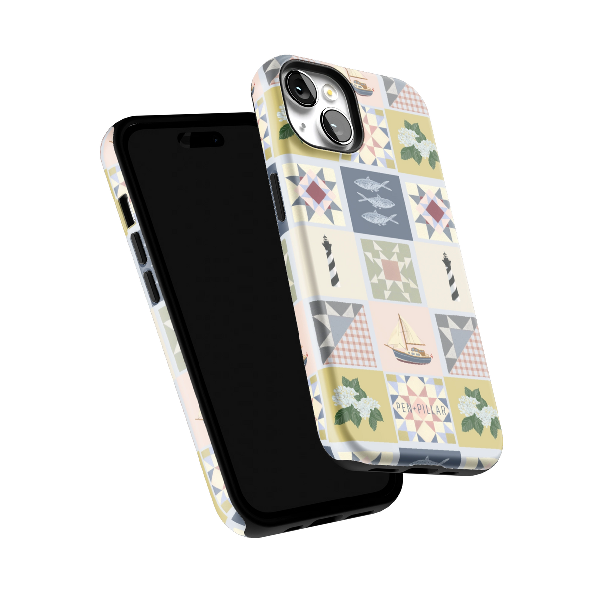 Coastal Quilt iPhone 14 case tilted to show the raised edges around the screen and camera