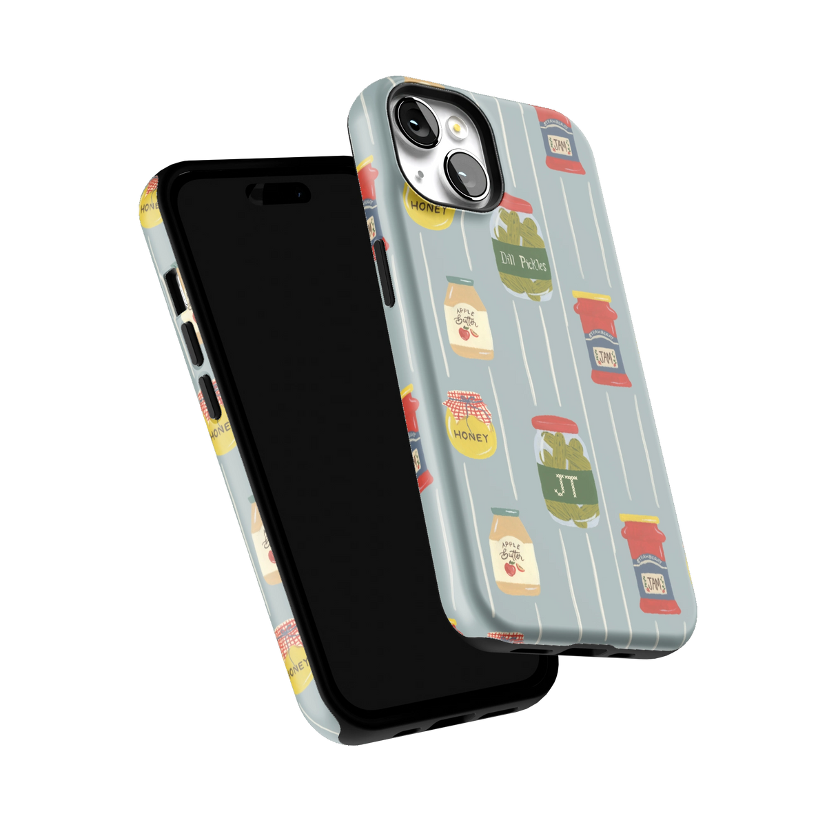 Preserves Personalized iPhone 14 case tilted to show the raised edges around the screen and camera