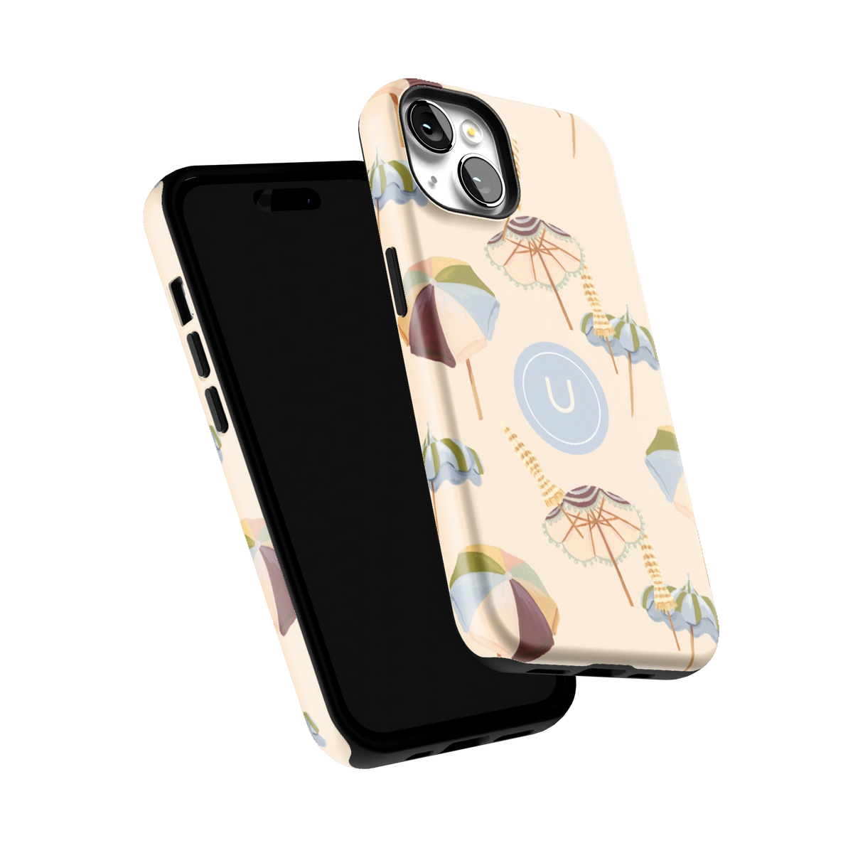 Umbrellas Personalized iPhone 14 case tilted to show the raised edges around the screen and camera