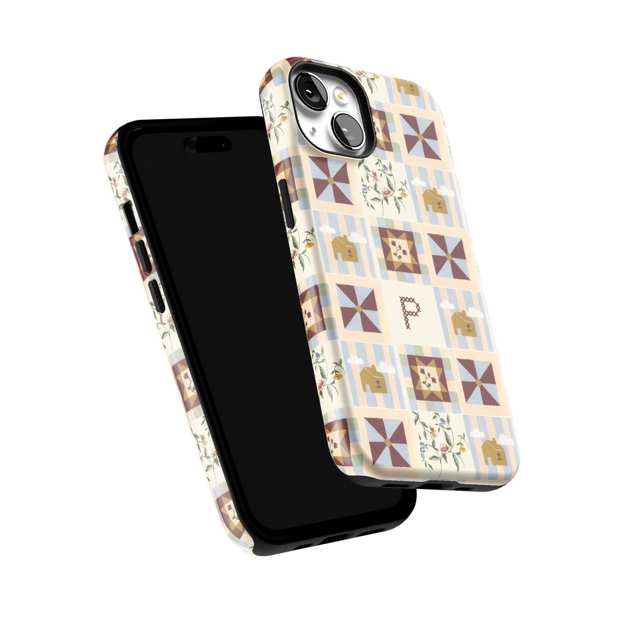 Pinwheel Personalized iPhone 14 case tilted to show the raised edges around the screen and camera