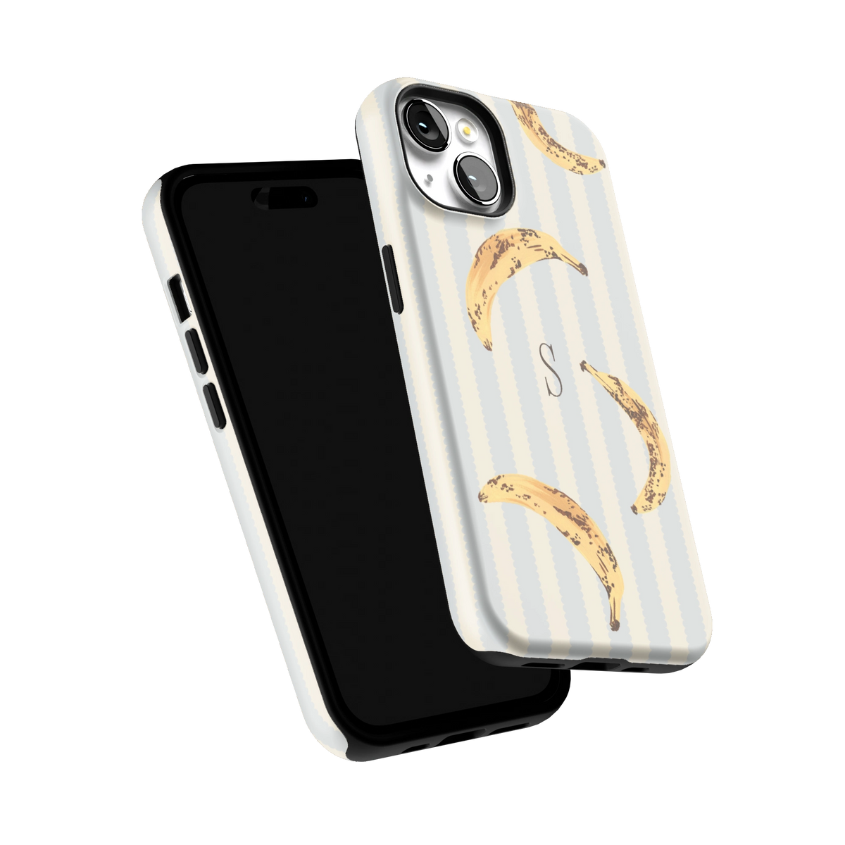 Striped Bananas Personalized iPhone 14 case tilted to show the raised edges around the screen and camera