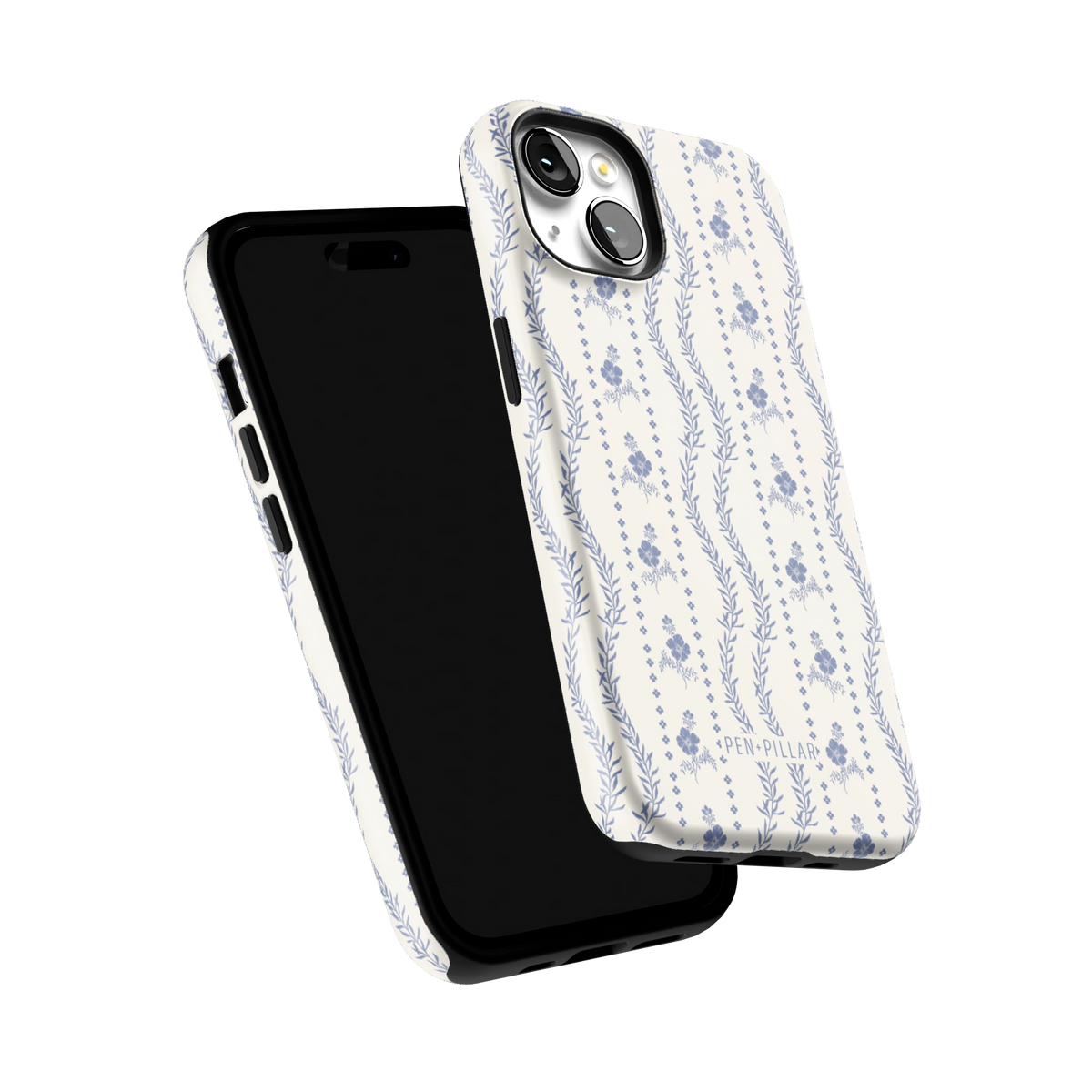 Riviera iPhone 14 case tilted to show the raised edges around the screen and camera