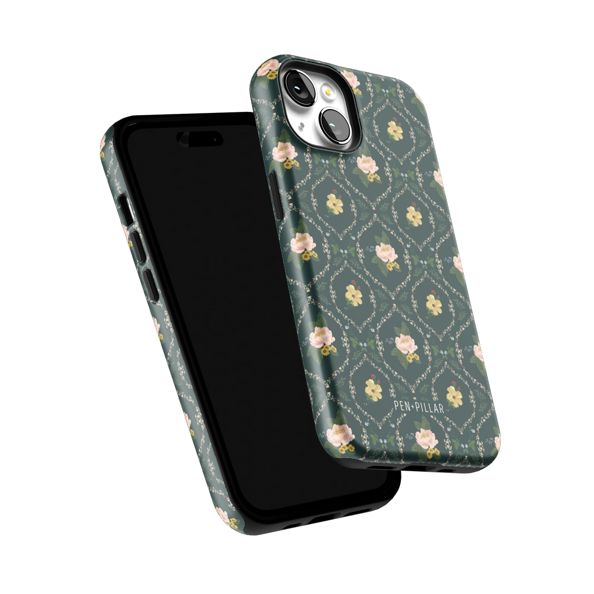 Meadow iPhone 14 case tilted to show the raised edges around the screen and camera