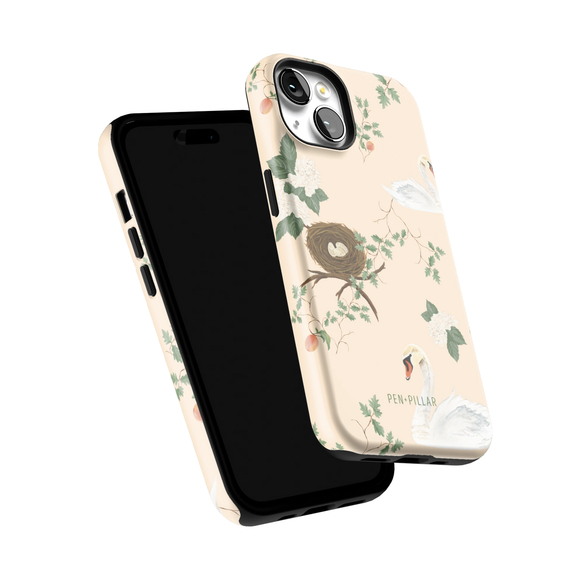 Swan Hollow iPhone 14 case tilted to show the raised edges around the screen and camera