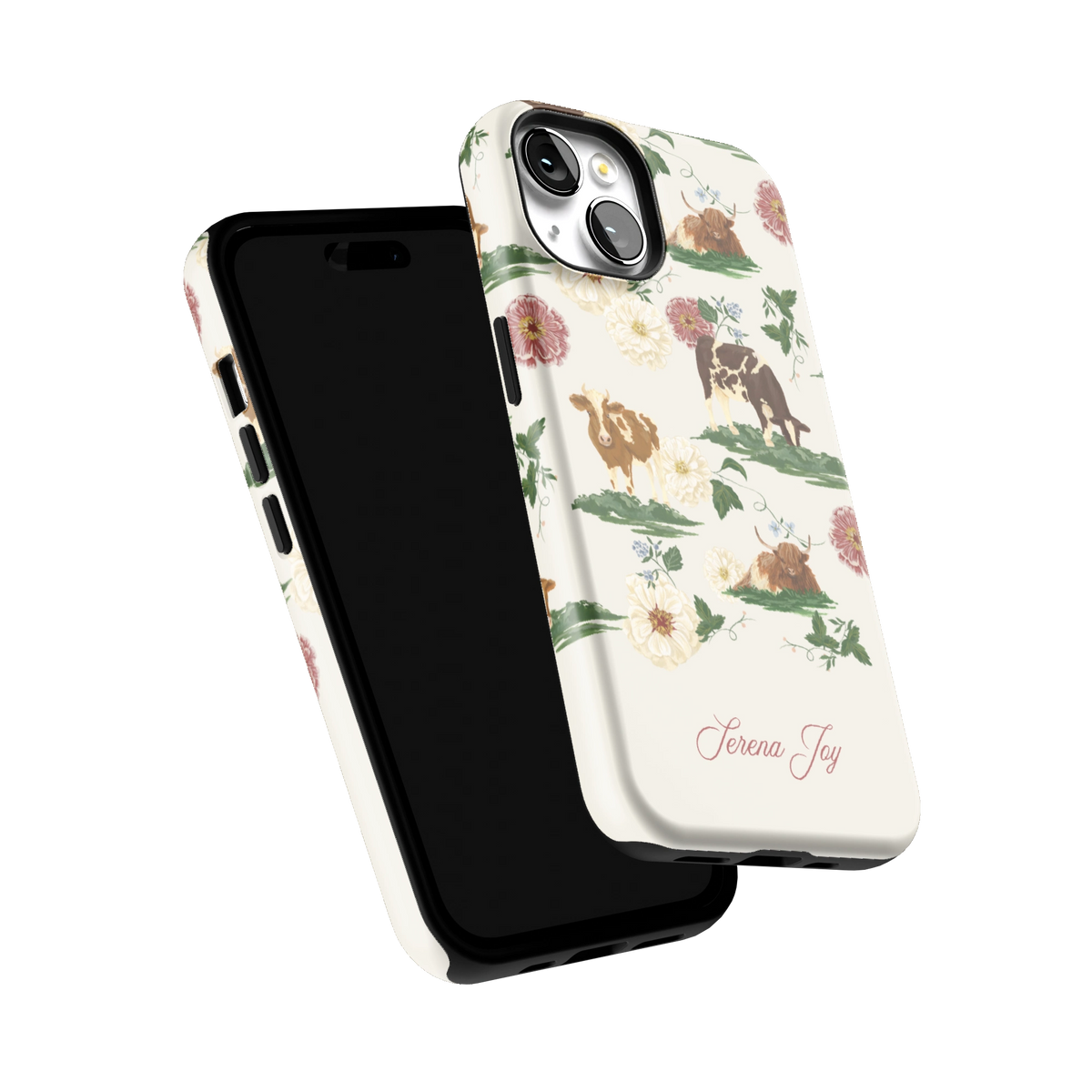 Pasture Personalized iPhone 14 case tilted to show the raised edges around the screen and camera