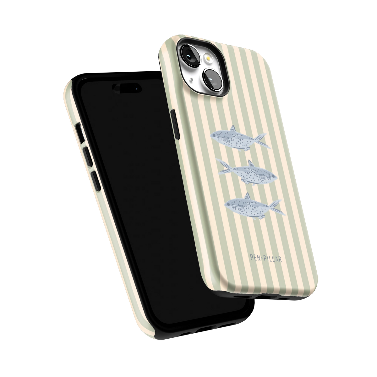 Sea Stripes iPhone 14 case tilted to show the raised edges around the screen and camera