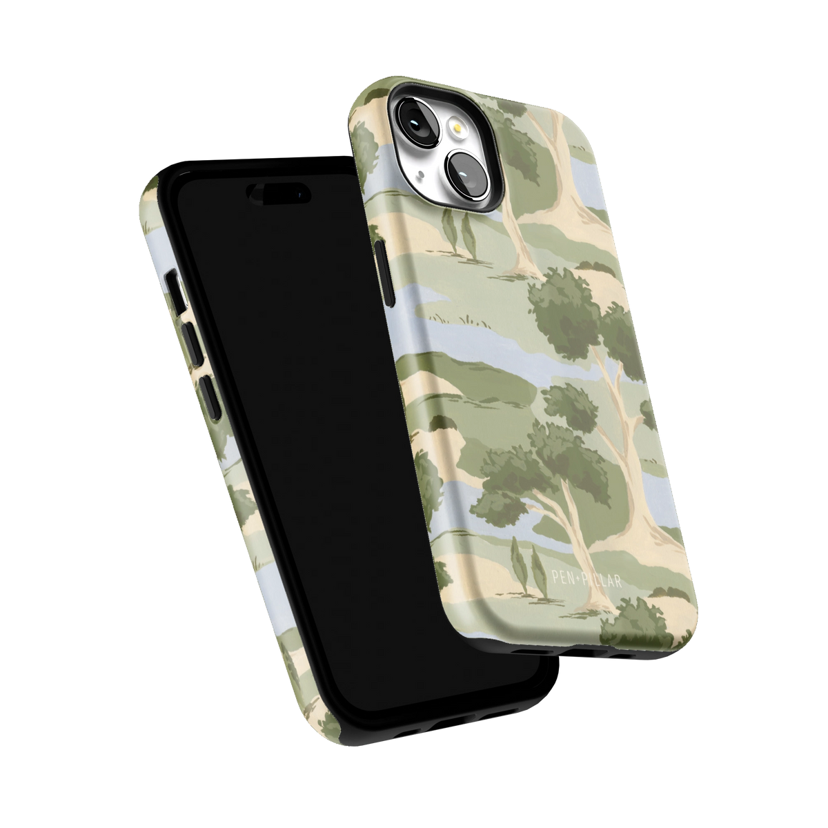 Orchard iPhone 14 case tilted to show the raised edges around the screen and camera