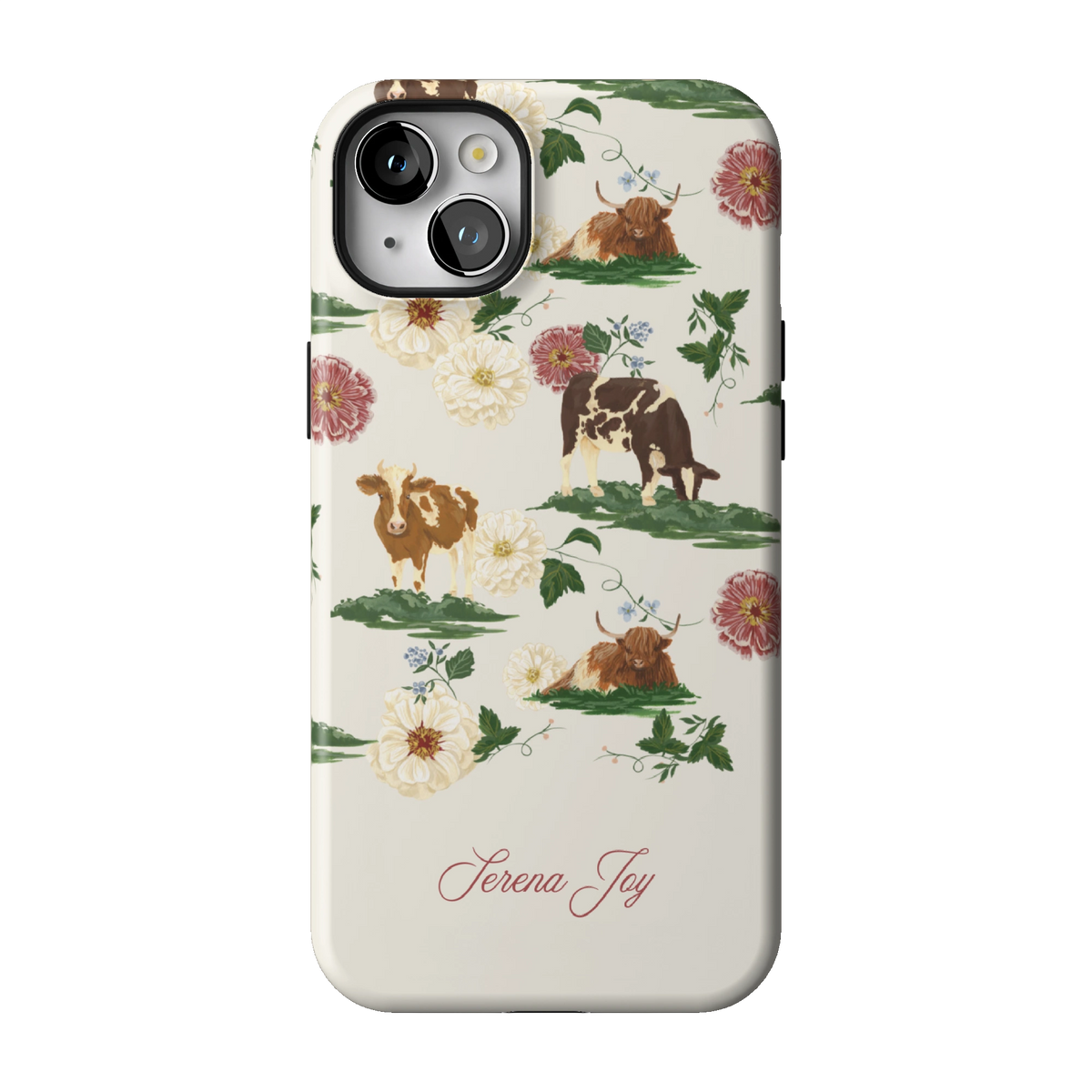 Pasture Personalized case on iPhone 14 Plus, back view: cows and dahlias in a countryside scene on cream with a name in script
