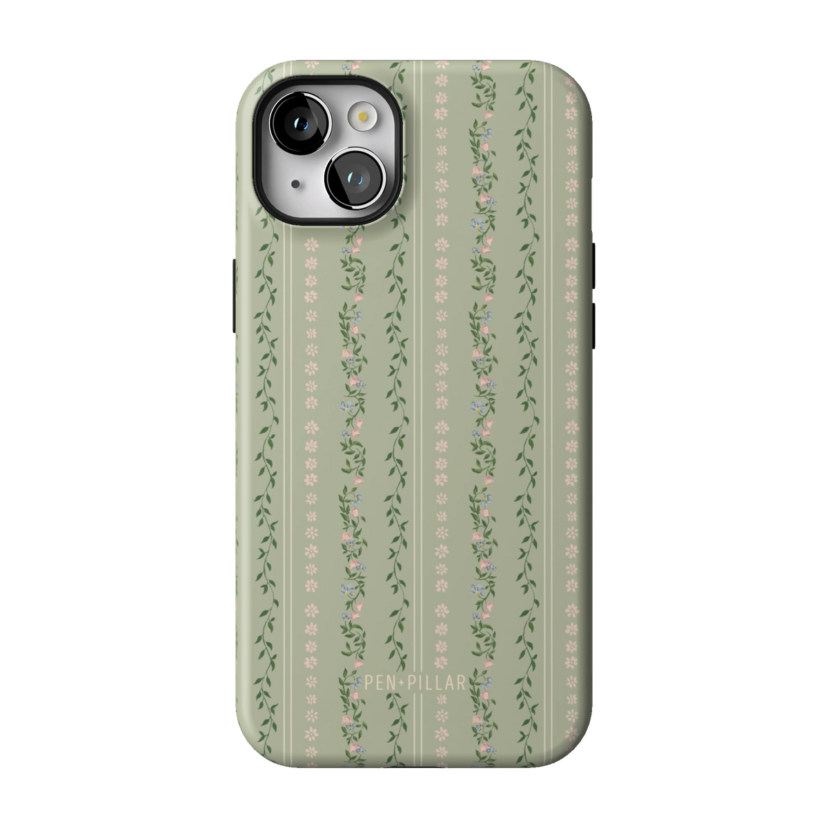 Camellia case on iPhone 14 Plus, back view: sage green with soft floral stripes