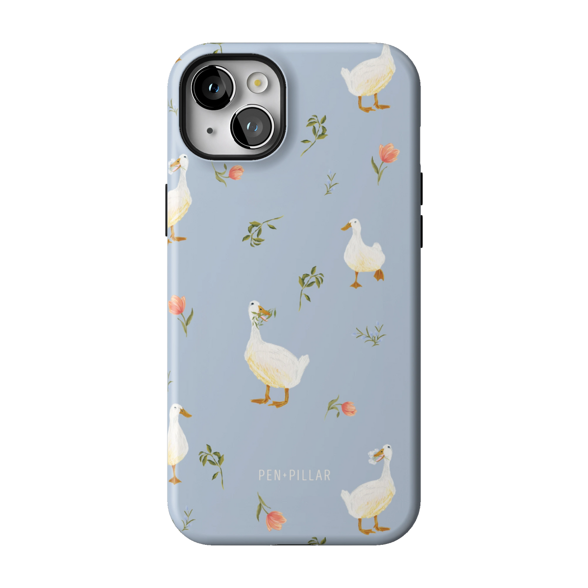 Ducks case on iPhone 14 Plus, back view: white ducks and small flower sprigs on soft blue