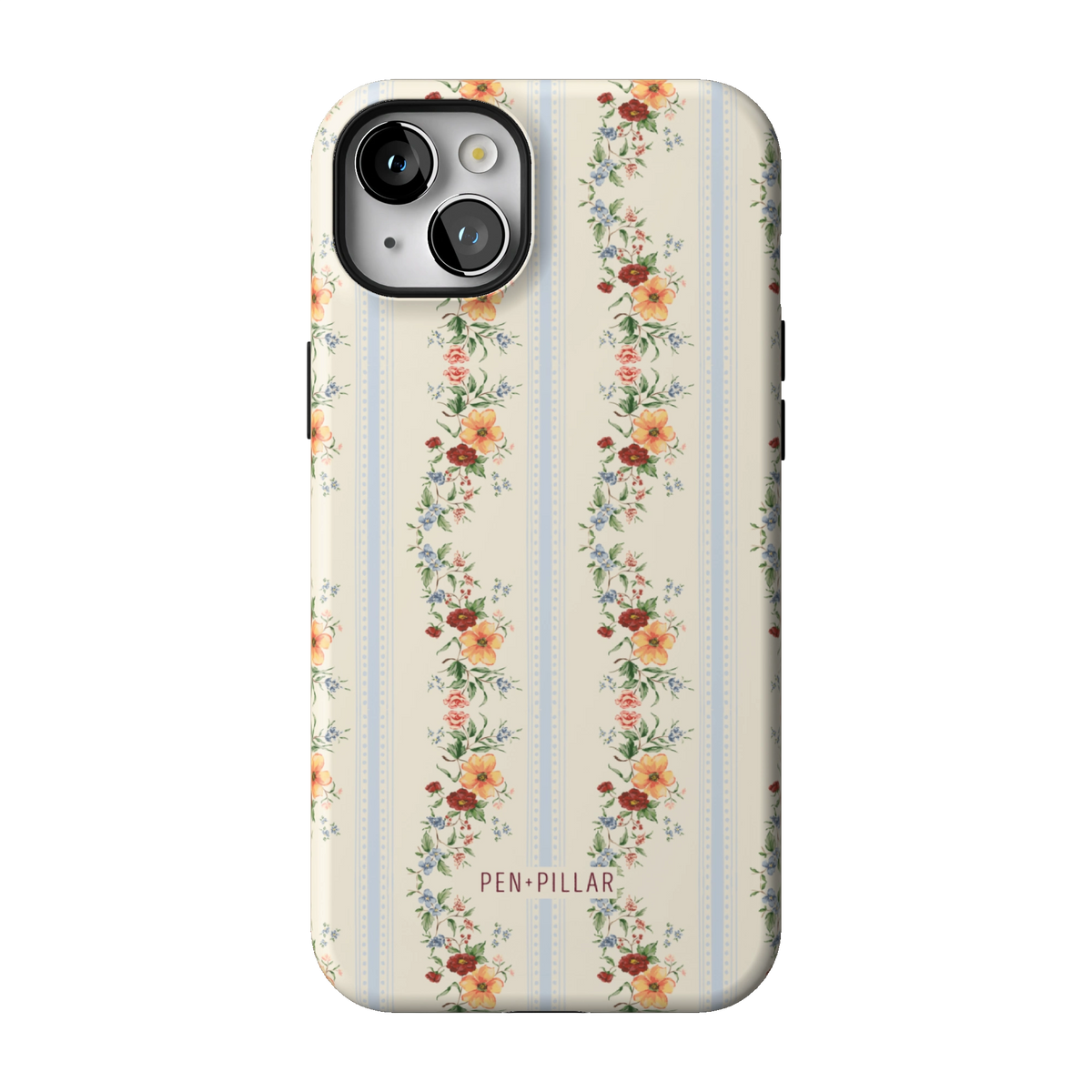 Wallflower case on iPhone 14 Plus, back view: floral garlands in orange and blush on cream and pale blue stripes