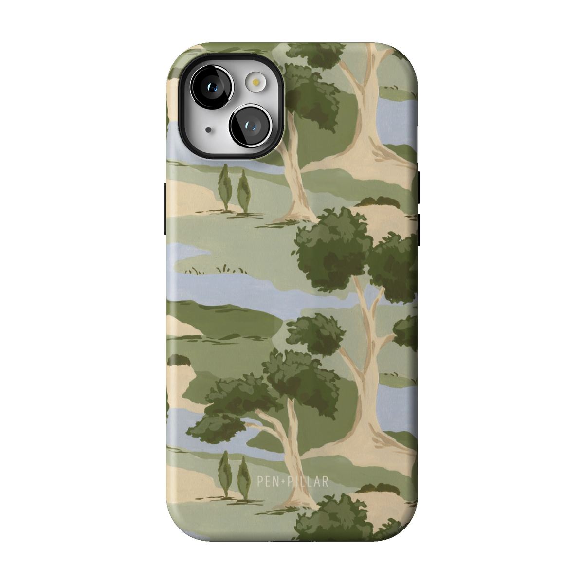 Orchard case on iPhone 14 Plus, back view: rolling green trees and winding blue streams on cream