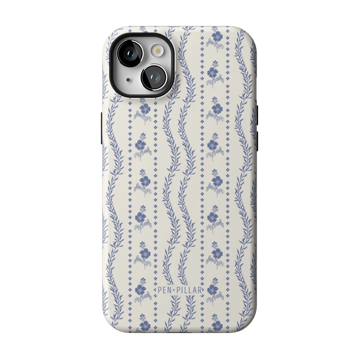 Riviera case on iPhone 14 Plus, back view: blue florals and vines in stripes on white