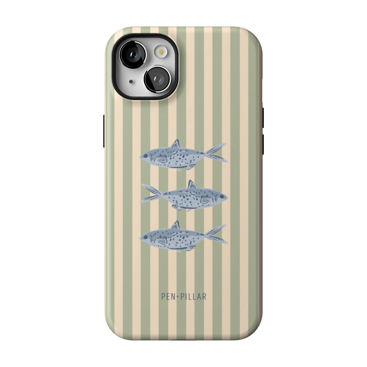 Sea Stripes case on iPhone 14 Plus, back view: blue fish on sage and cream stripes