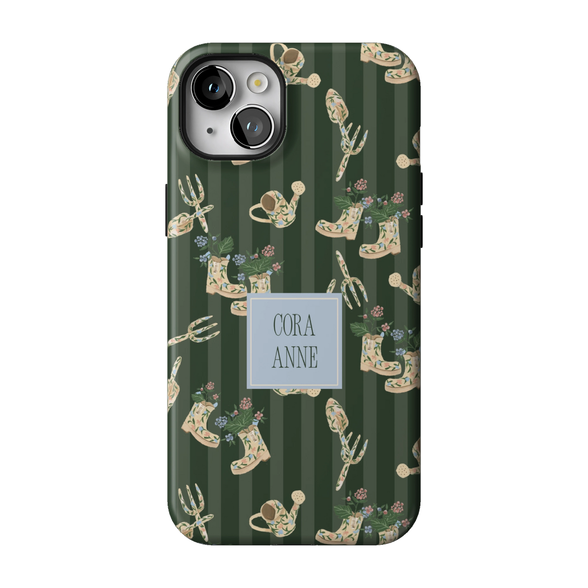 In the Garden Personalized case on iPhone 14 Plus, back view: garden boots, tools and florals on forest green stripes with the name Cora Anne