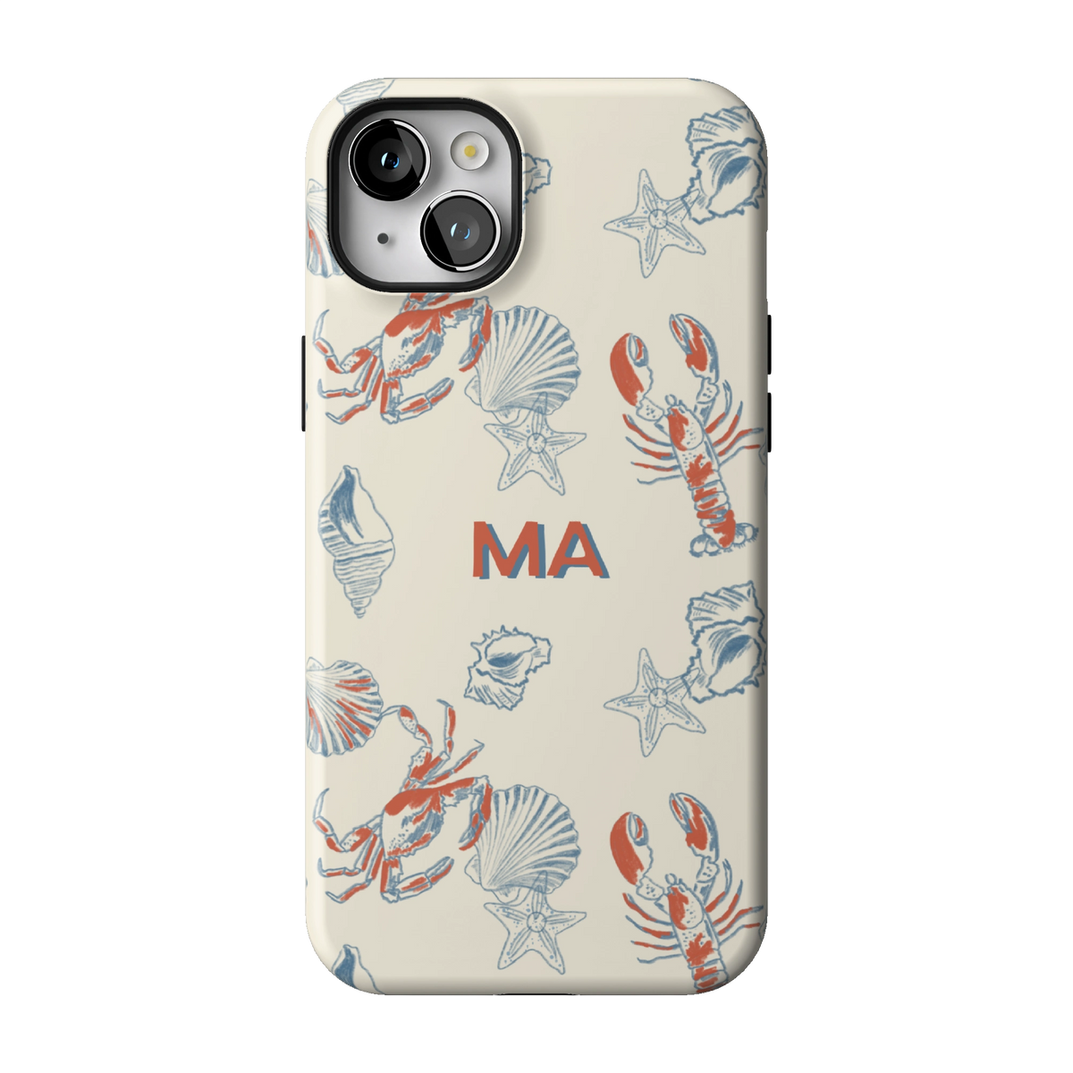 Mariner Personalized case on iPhone 14 Plus, back view: red lobsters, blue crabs and seashells on cream with the initials MA