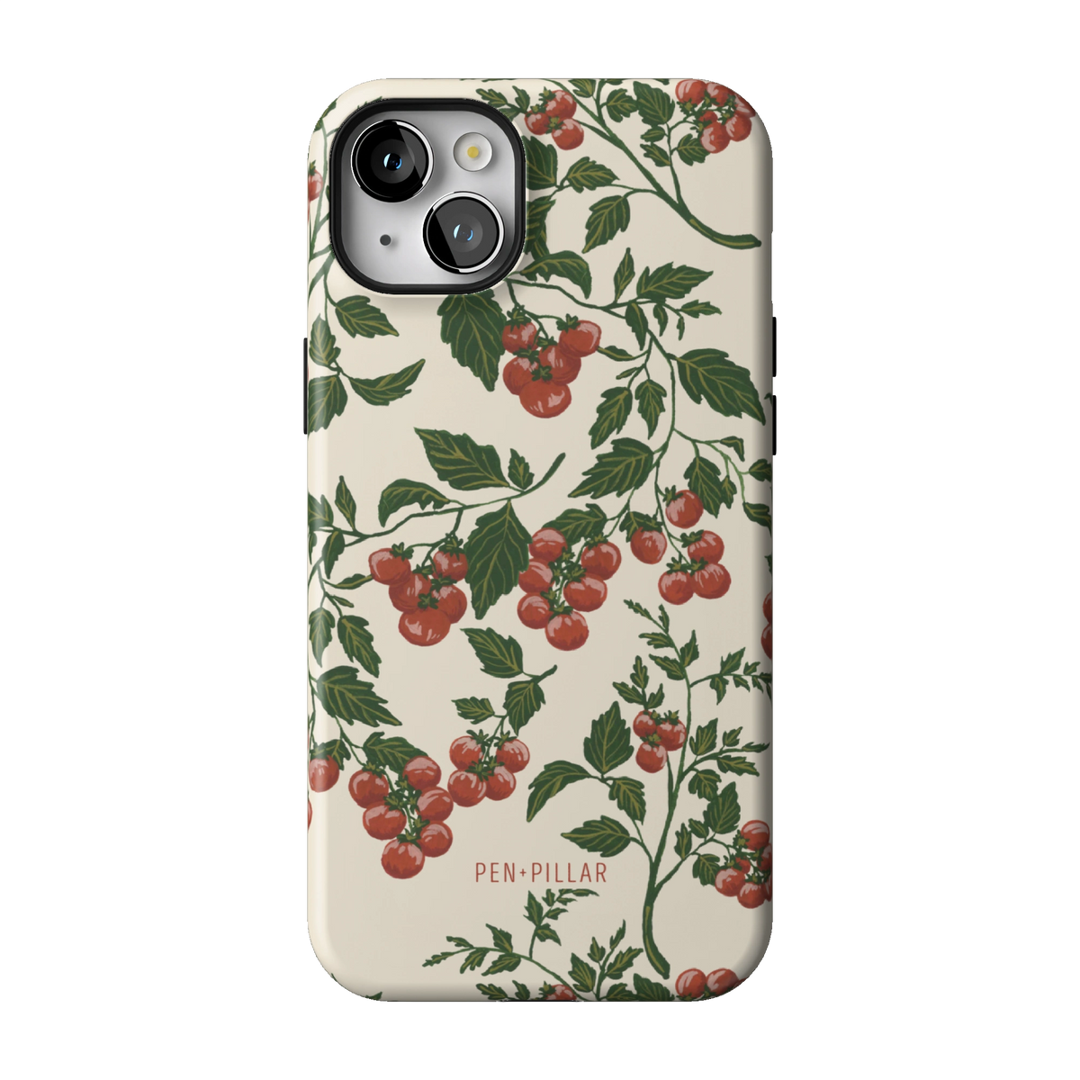 Tomato Vines case on iPhone 14 Plus, back view: red tomatoes on leafy green vines over cream