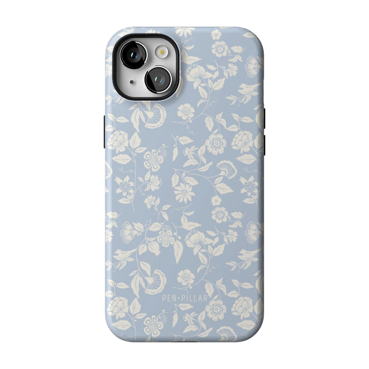 Spritz case on iPhone 14 Plus, back view: white florals on soft blue