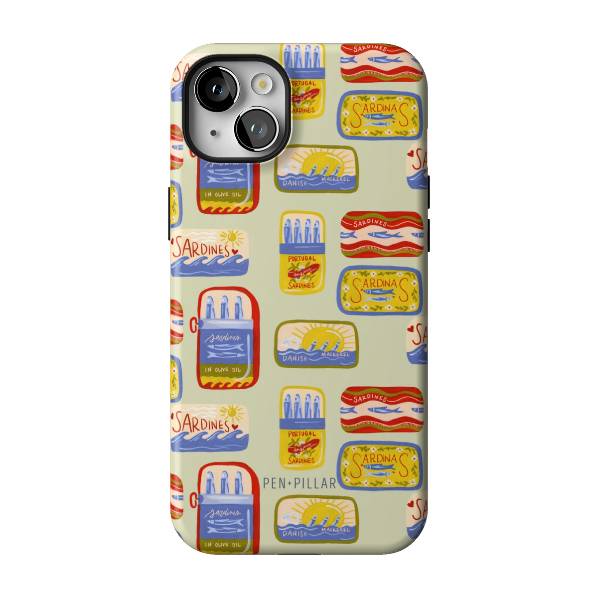 Sardines case on iPhone 14 Plus, back view: vintage sardine tins on pale sage