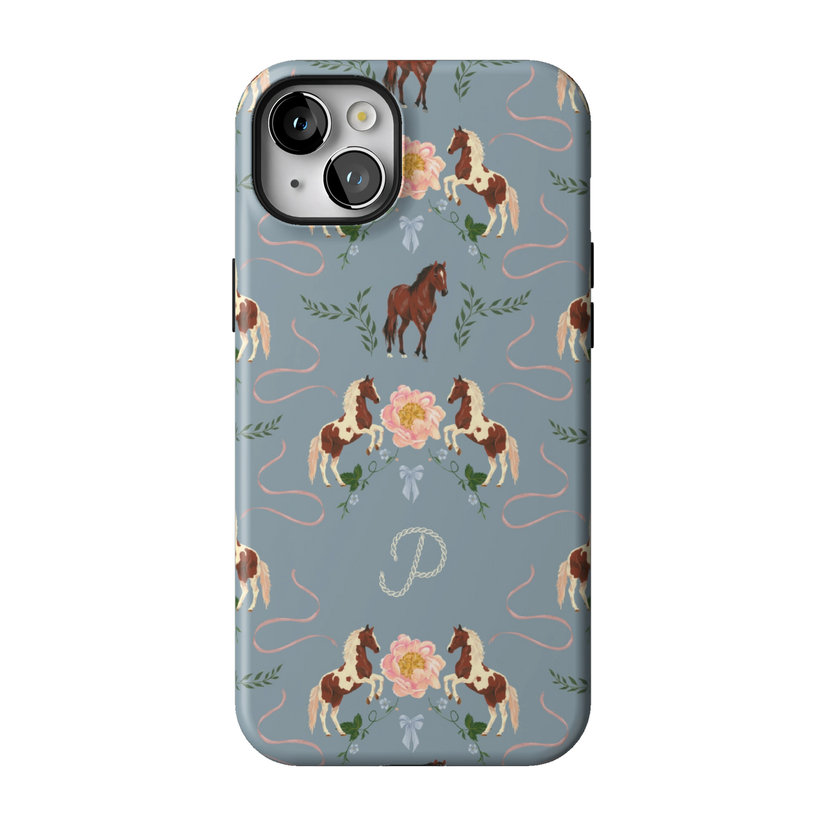 Prairie Personalized case on iPhone 14 Plus, back view: horses and blush florals on dusty blue with the initial P