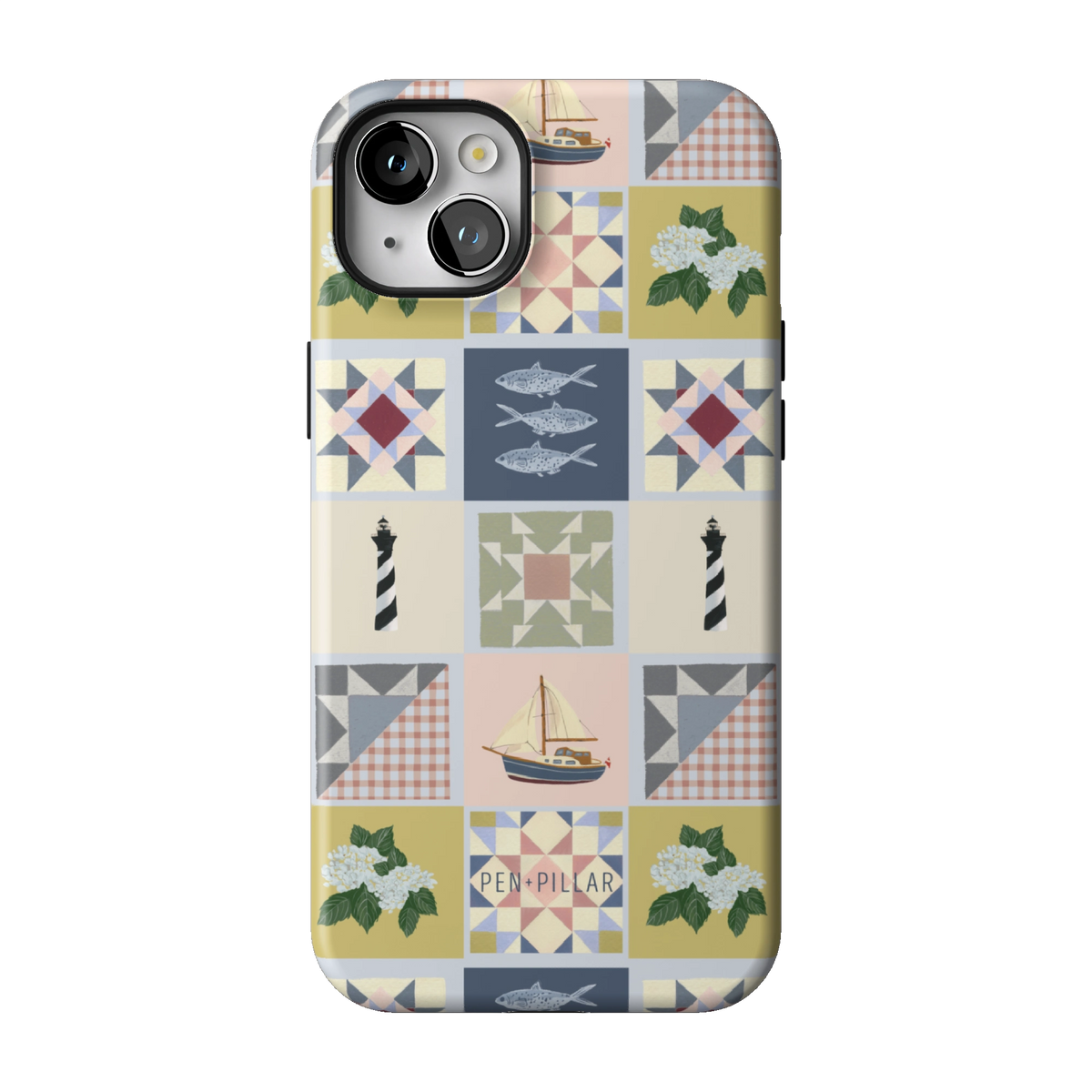 Coastal Quilt case on iPhone 14 Plus, back view: quilt blocks with sailboats, fish, a lighthouse and hydrangeas in navy, sage and blush