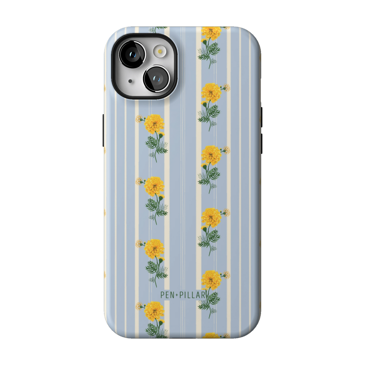October Birth Month case on iPhone 14 Plus, back view: yellow marigolds on blue and cream stripes