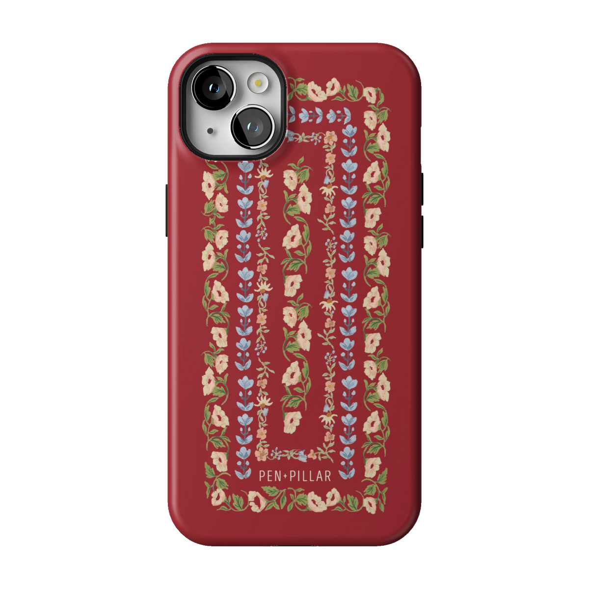 Fiona case on iPhone 14 Plus, back view: ornate floral stripes in cream, blush and blue on rich red