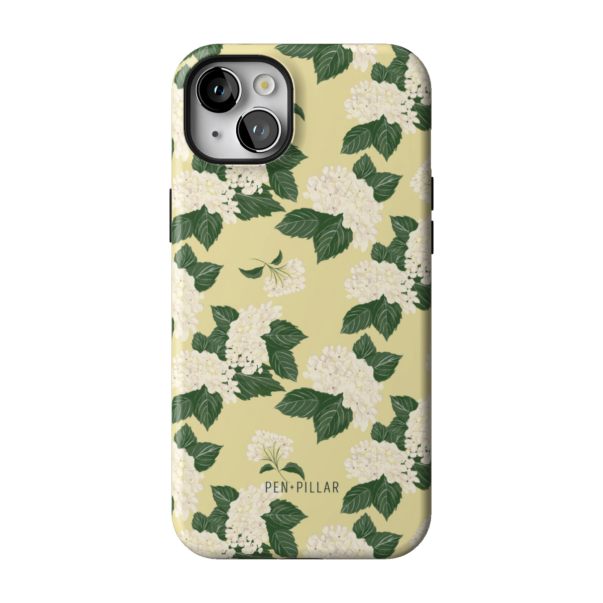 Hydrangea case on iPhone 14 Plus, back view: white hydrangeas and green leaves on buttery yellow