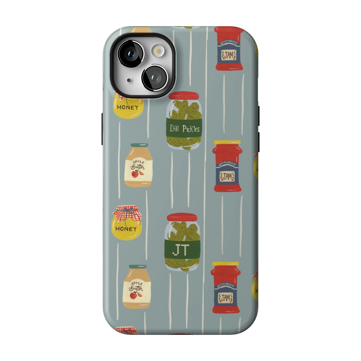 Preserves Personalized case on iPhone 14 Plus, back view: jars of honey, pickles and jam on slate blue stripes with the initials JT